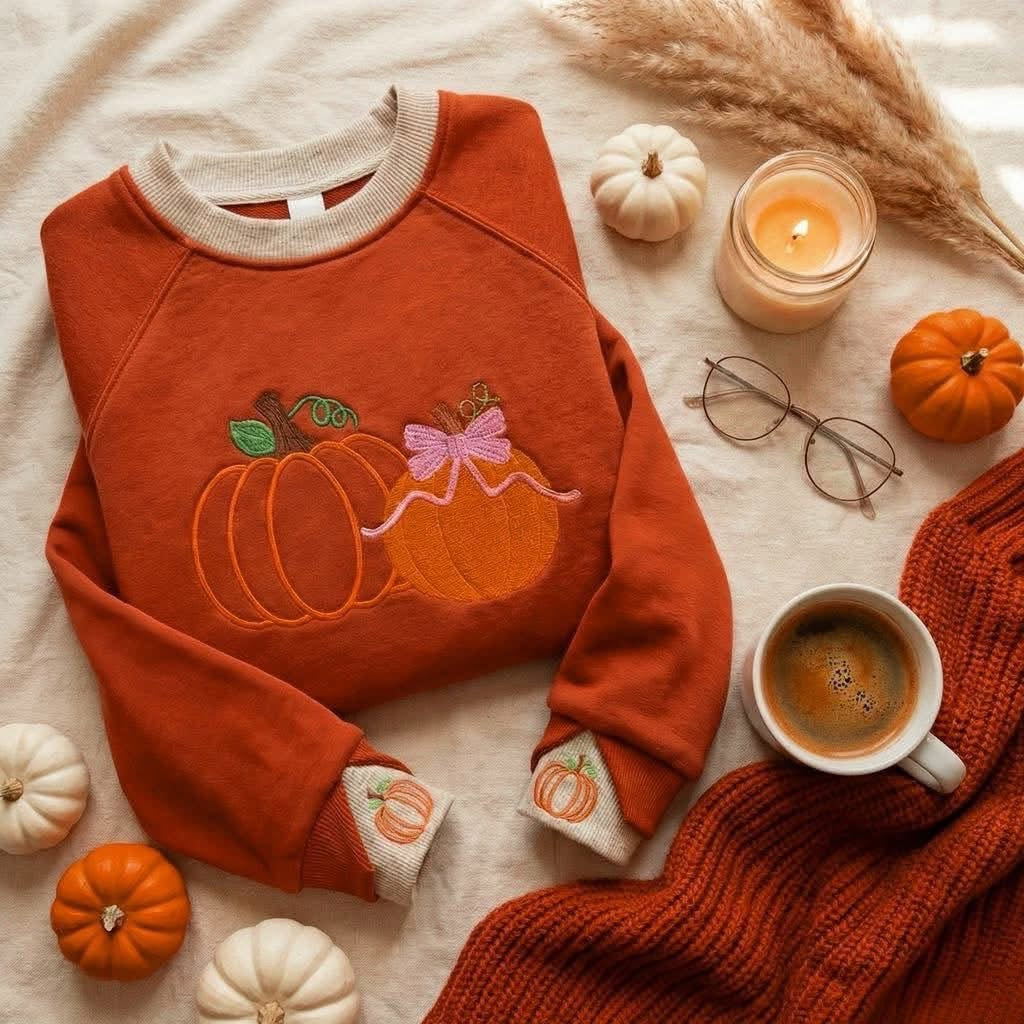 Pretty Little Pumpkins Double Cuff Embroidered Crew