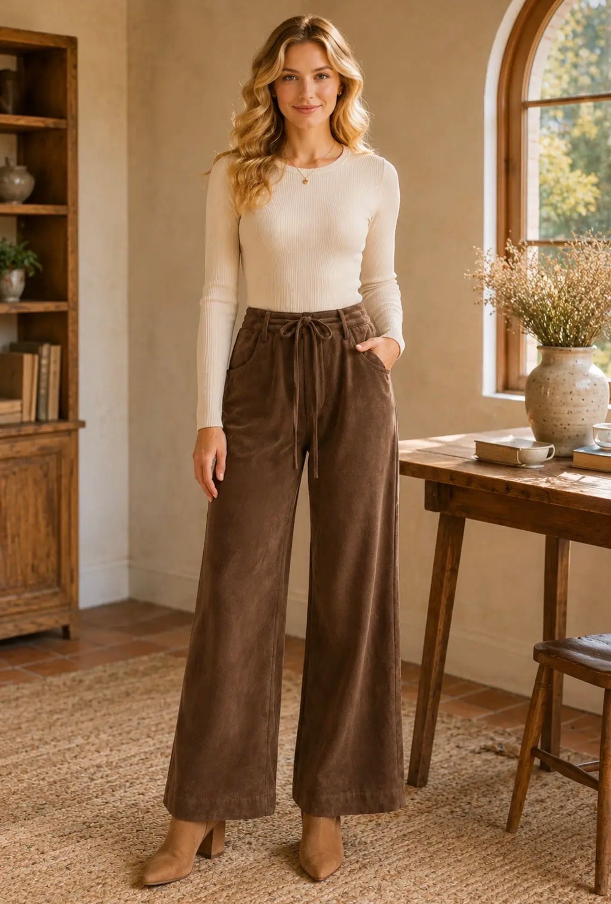 Drawstring Waist Wide Leg Knit Pants