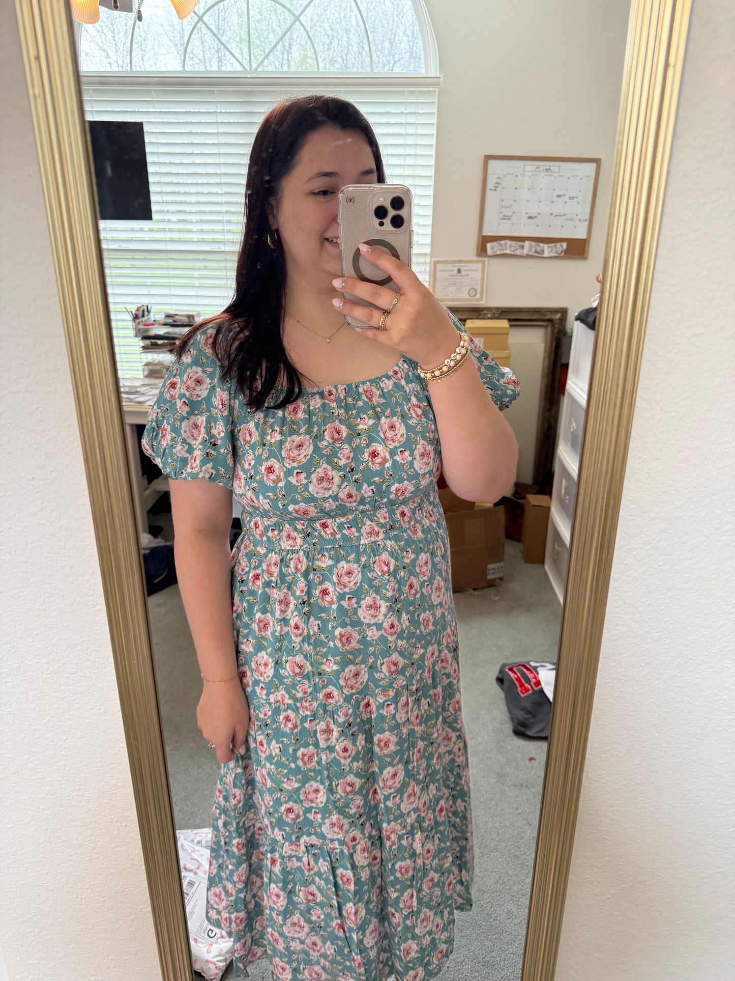 Floral Elastic Waist Midi Dress