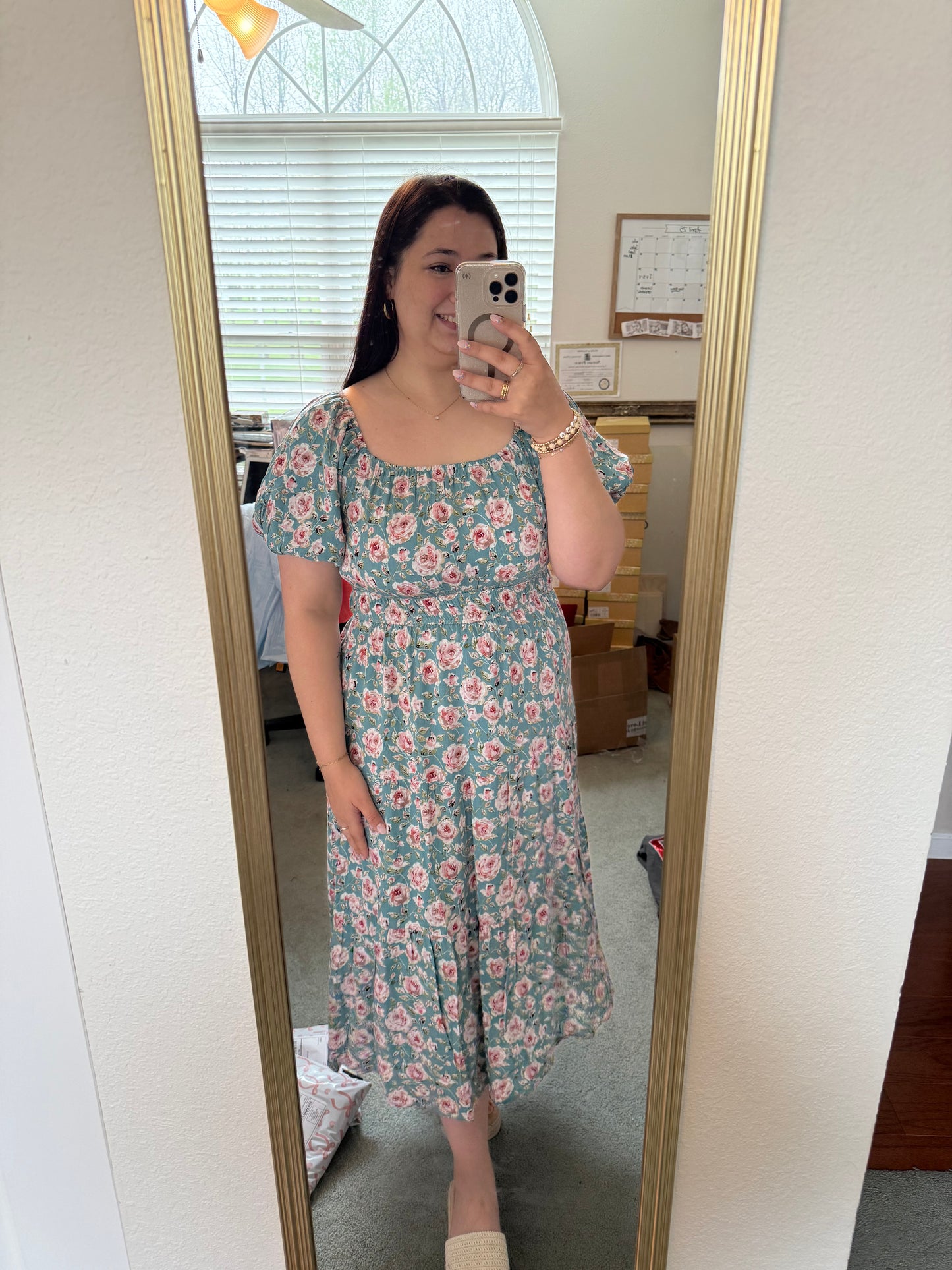 Floral Elastic Waist Midi Dress