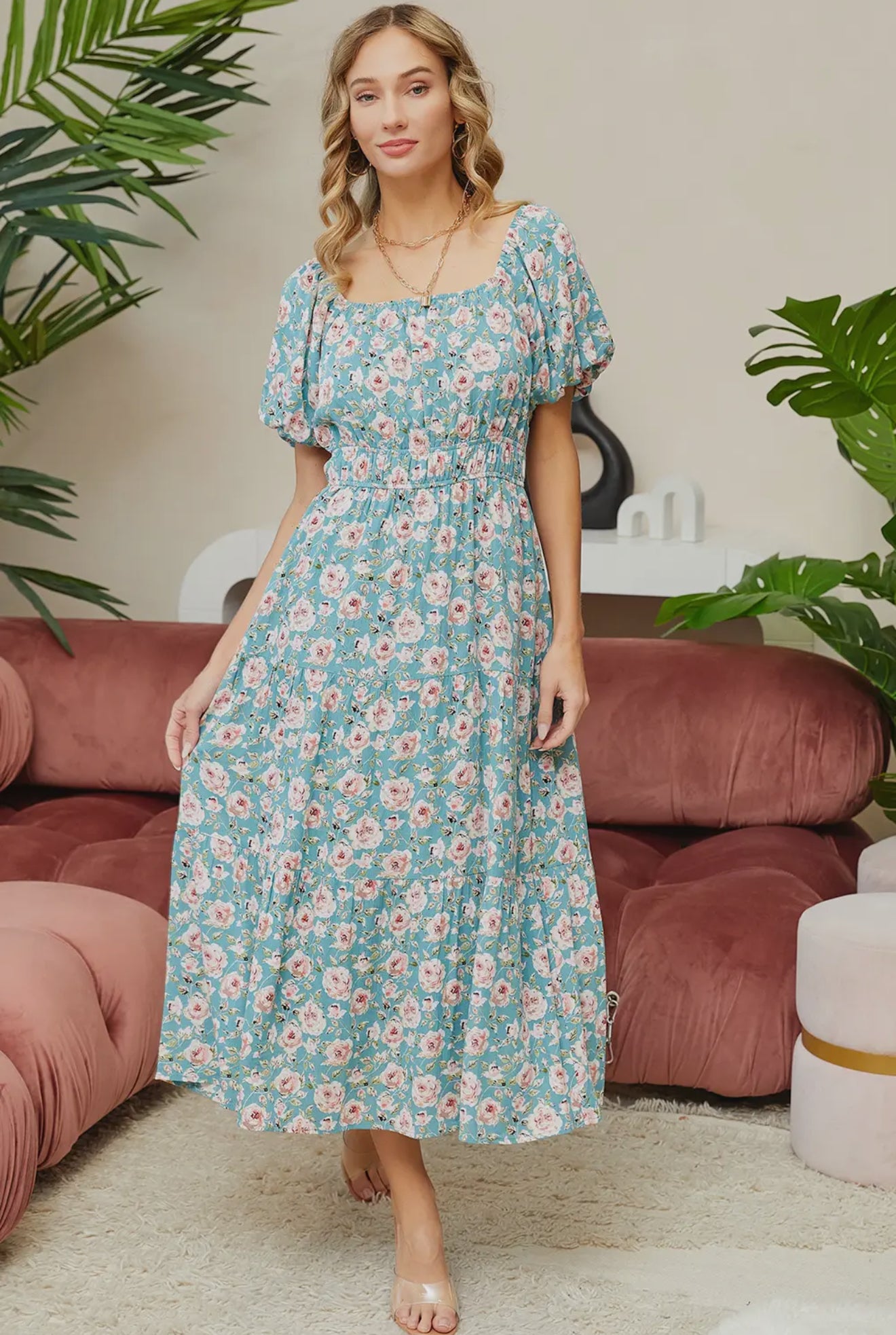Floral Elastic Waist Midi Dress