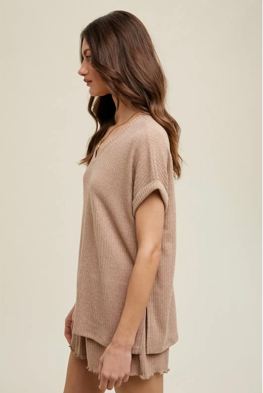 Mocha Ribbed Knit Two Piece Set
