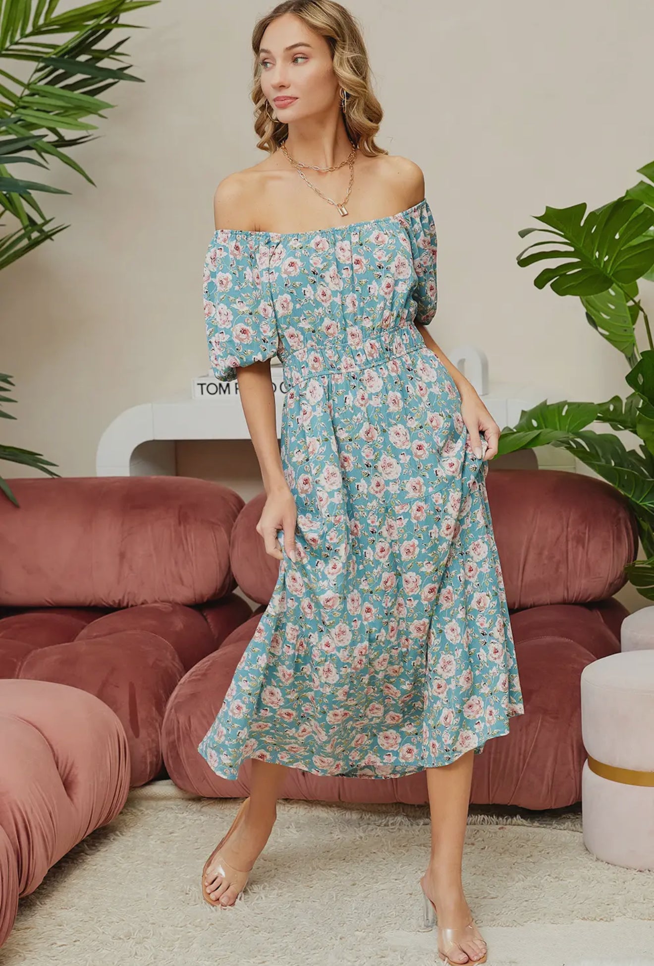 Floral Elastic Waist Midi Dress