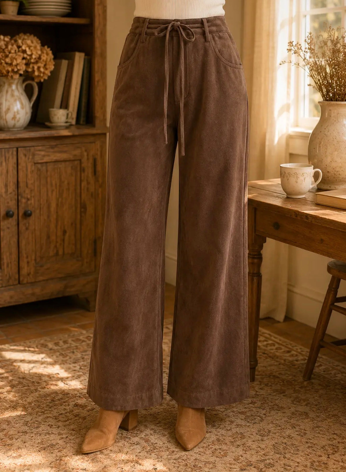 Drawstring Waist Wide Leg Knit Pants