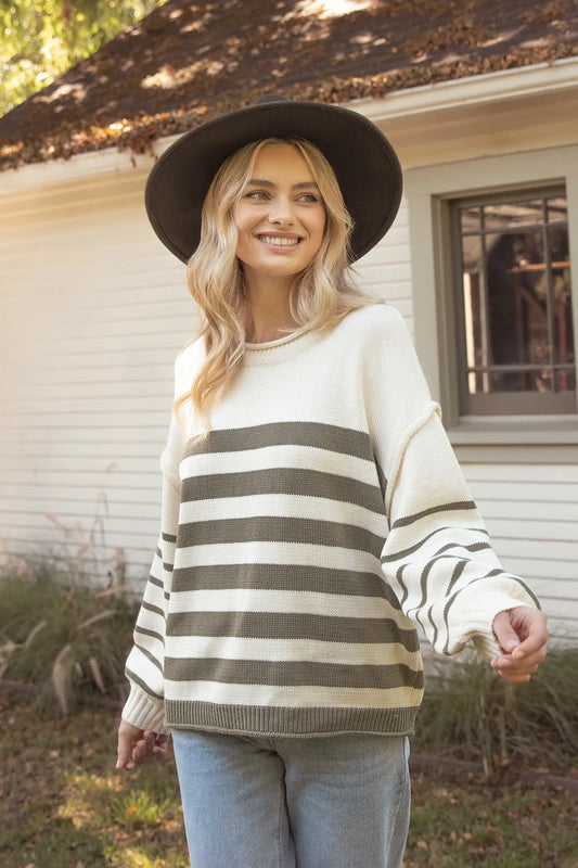 Olive & Ivory Oversized Striped Sweater
