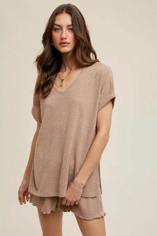 Mocha Ribbed Knit Two Piece Set
