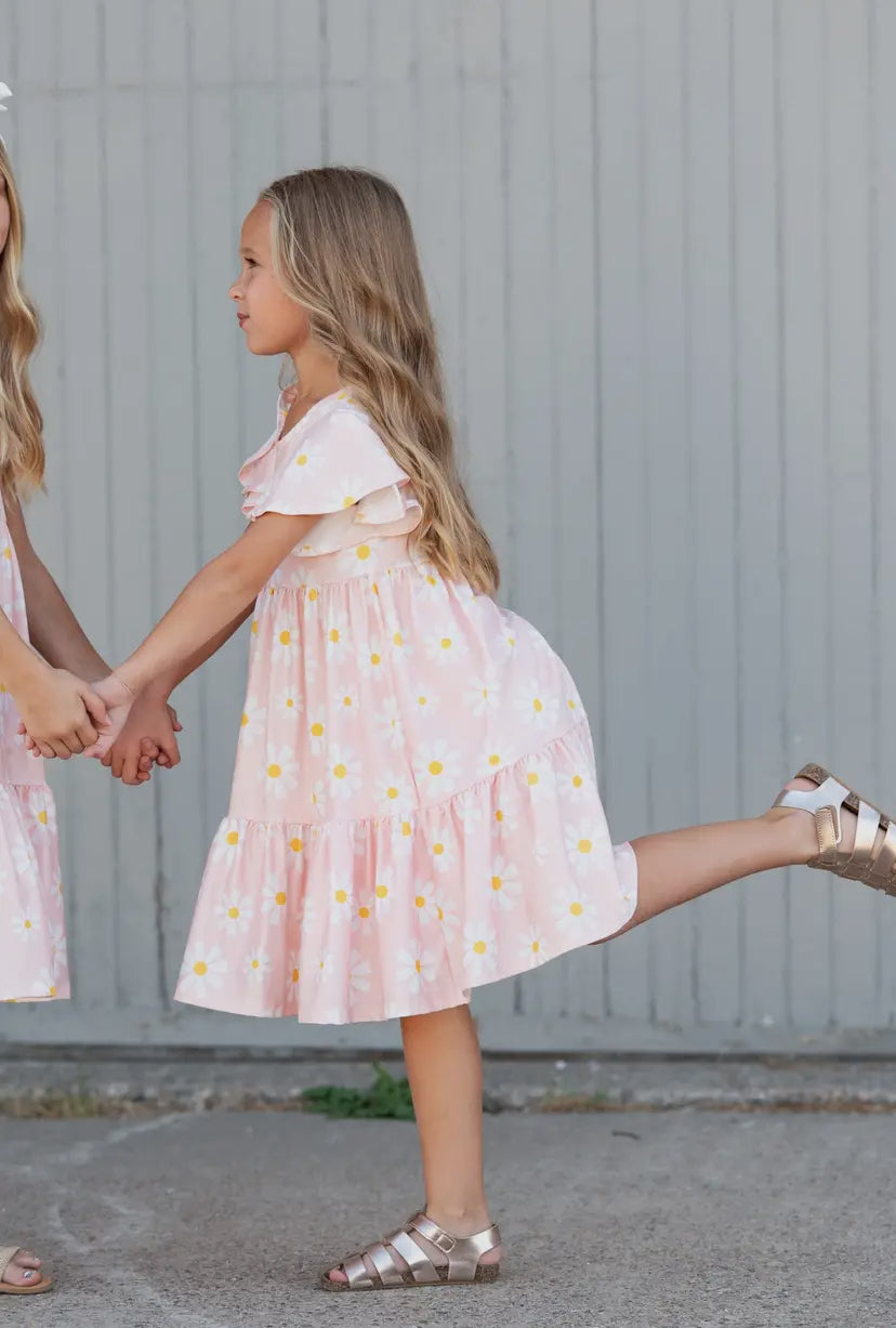 Emma Pink Daisy Flutter Sleeve Twirl Dress