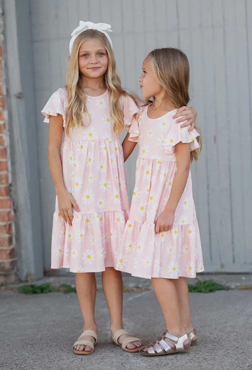 Emma Pink Daisy Flutter Sleeve Twirl Dress