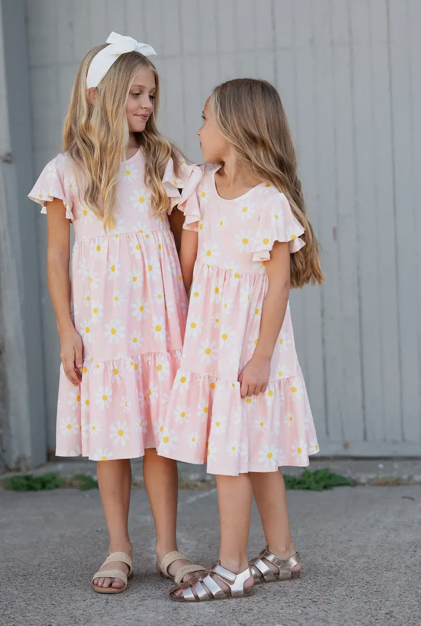 Emma Pink Daisy Flutter Sleeve Twirl Dress