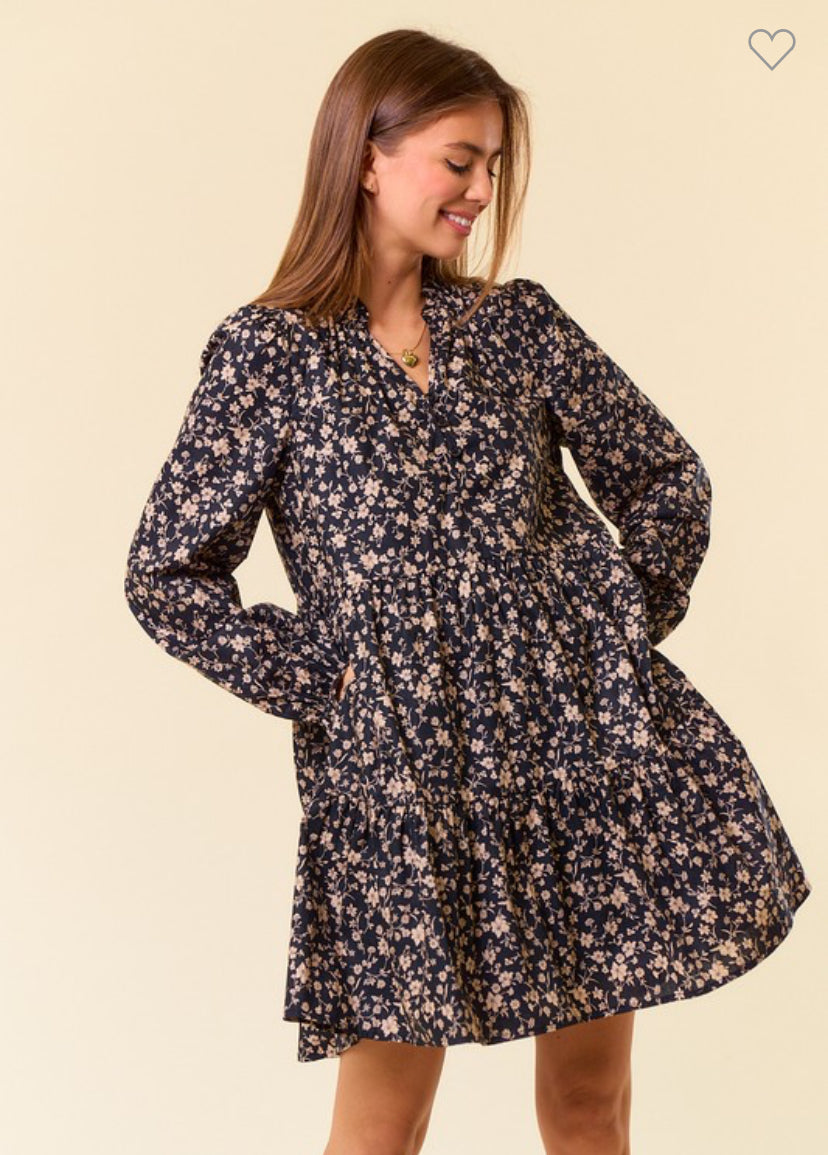 Cotton Floral Print Long Sleeve Tiered Mini Dress