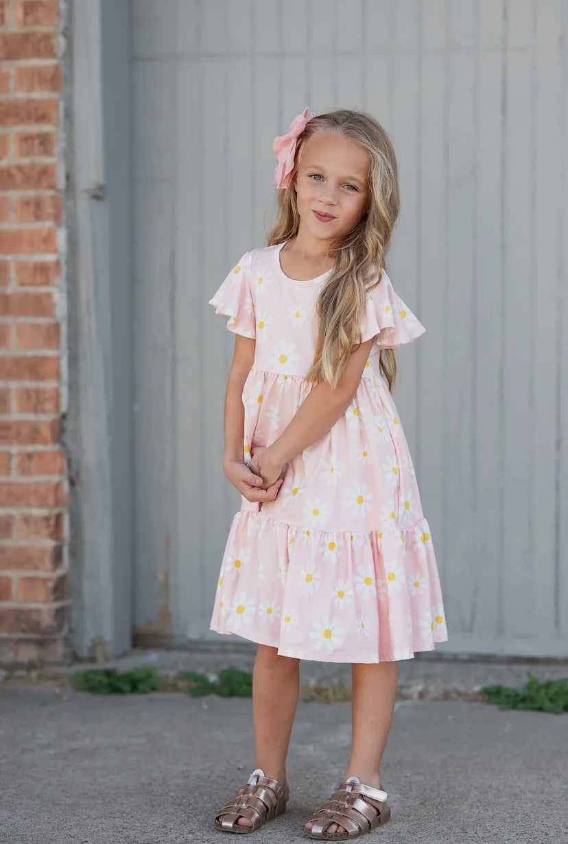 Emma Pink Daisy Flutter Sleeve Twirl Dress