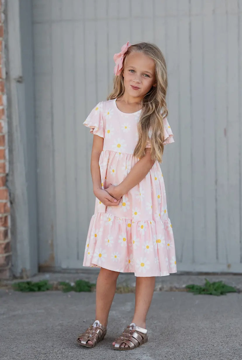 Emma Pink Daisy Flutter Sleeve Twirl Dress