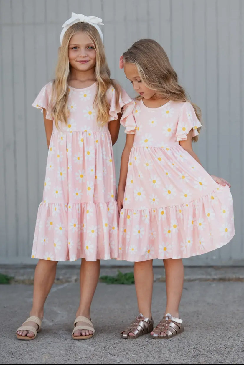 Emma Pink Daisy Flutter Sleeve Twirl Dress