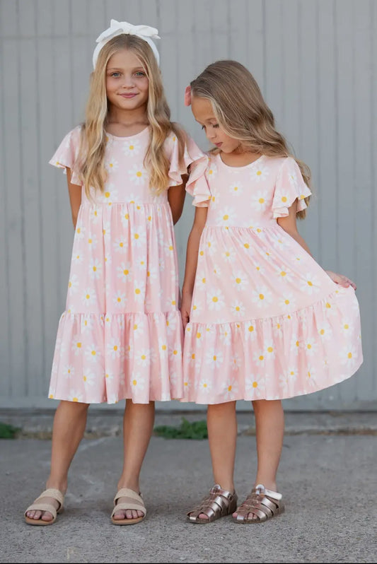 Emma Pink Daisy Flutter Sleeve Twirl Dress