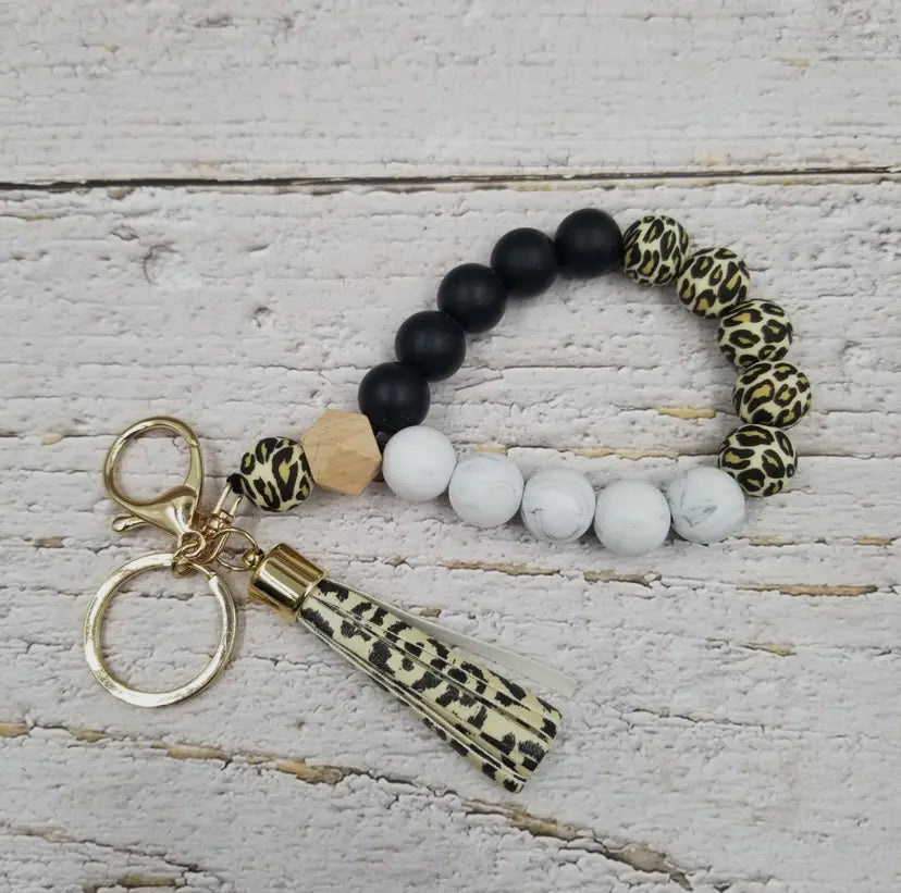 Leopard Tassel Wood Bead Bangle Keychain