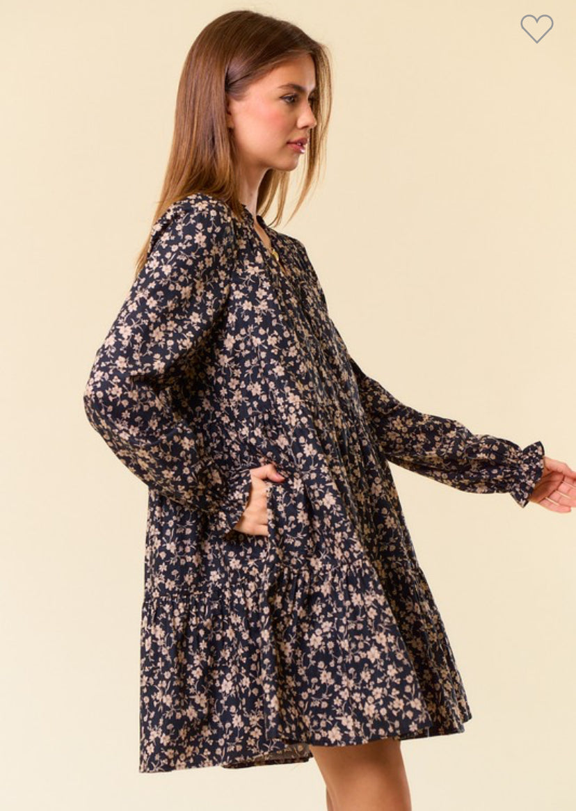 Cotton Floral Print Long Sleeve Tiered Mini Dress