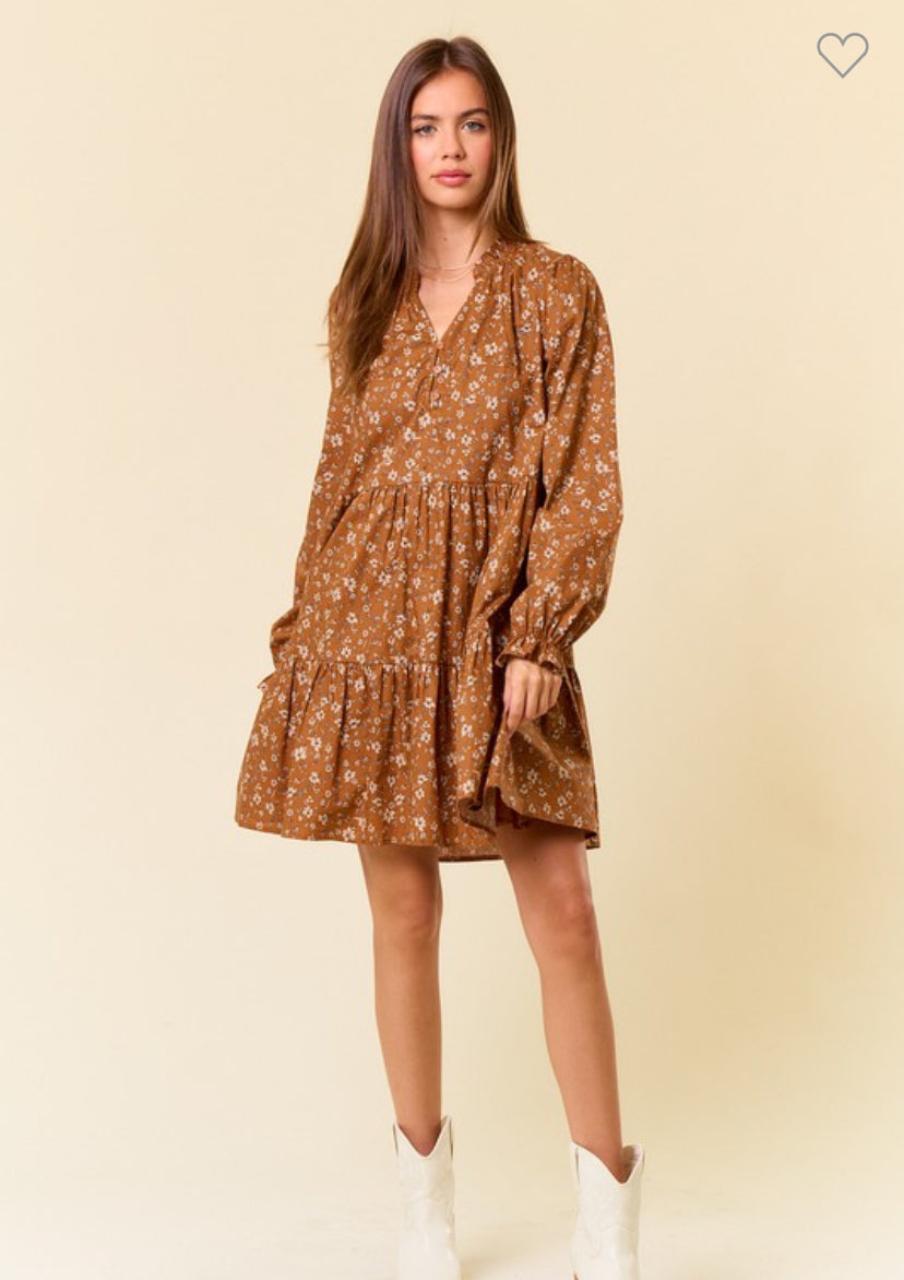 Cotton Floral Print Long Sleeve Tiered Mini Dress
