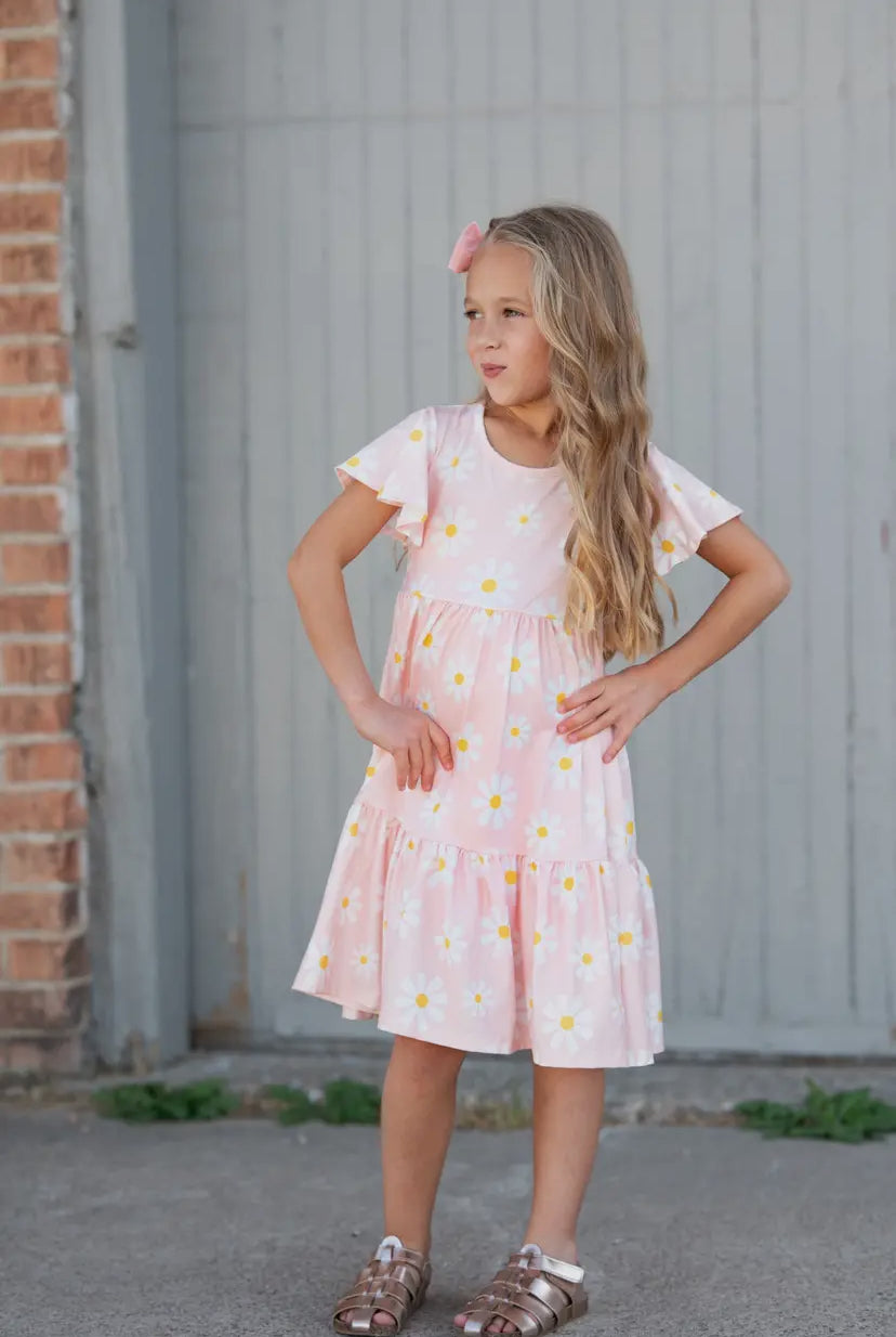 Emma Pink Daisy Flutter Sleeve Twirl Dress