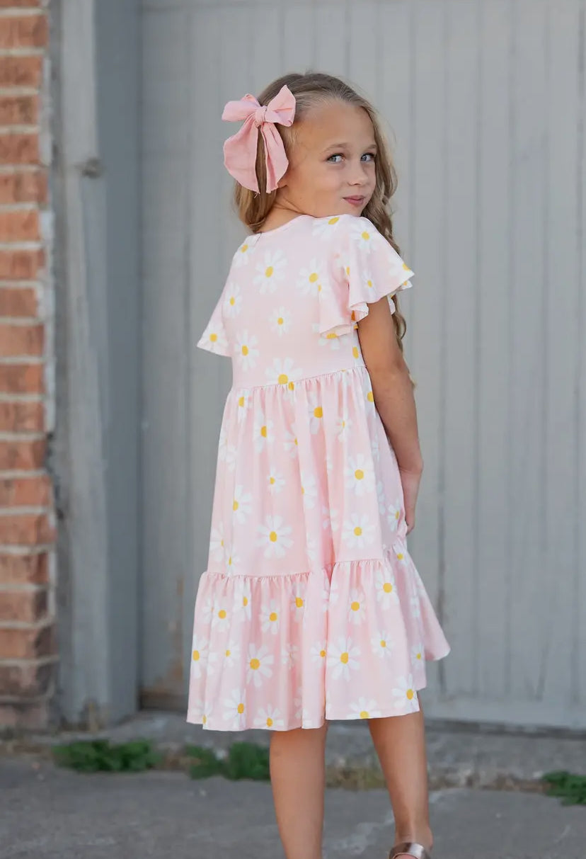 Emma Pink Daisy Flutter Sleeve Twirl Dress