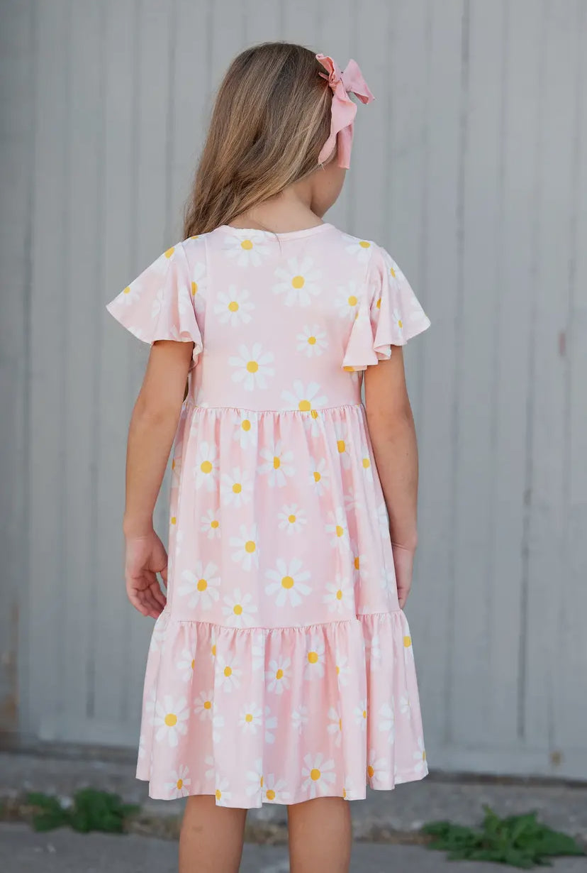 Emma Pink Daisy Flutter Sleeve Twirl Dress
