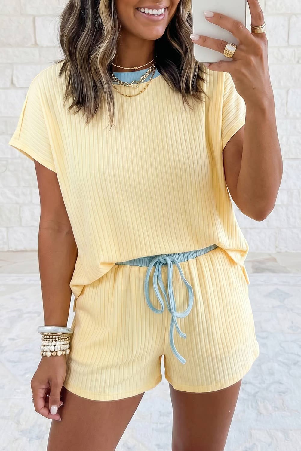 Textured Short Sleeve Rib Top Shorts Set