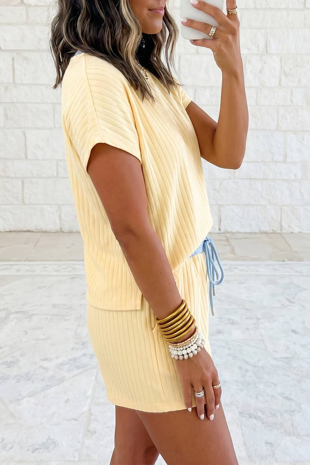 Textured Short Sleeve Rib Top Shorts Set