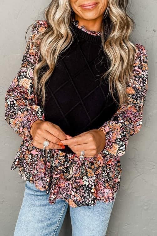 Black & Floral Detail Top